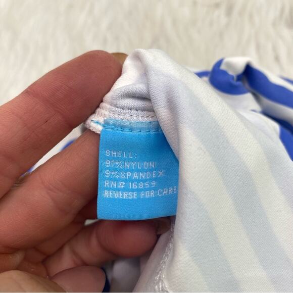 J. McLaughlin Tiered CATALINA Cloth Seashell Skirt Blue Stripe Stretch Size L - Picture 3 of 7